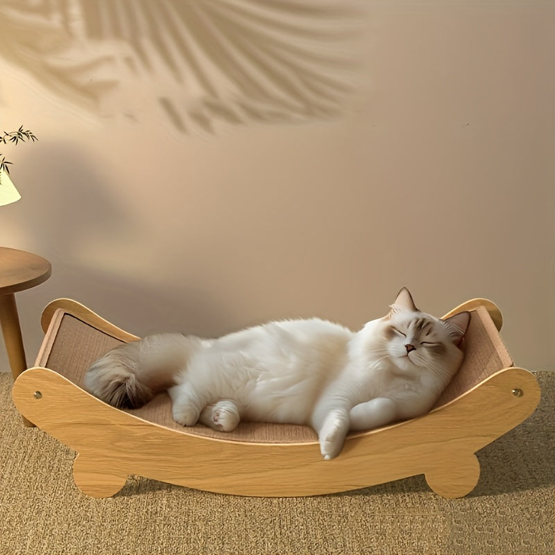 Durable Solid Wood Cat Scratching Post & Bed with Removable Sisal Pad