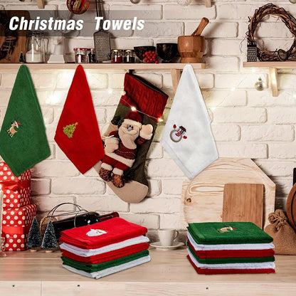 Set of 3 Hand Towels for Christmas Featuring Embroidered Designs of Santa Claus, Reindeer, Snowman and Christmas Tree