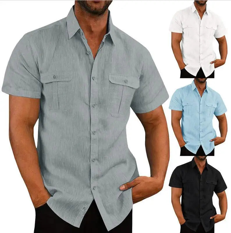 Cotton Linen Short-Sleeved Shirts 2 pockets