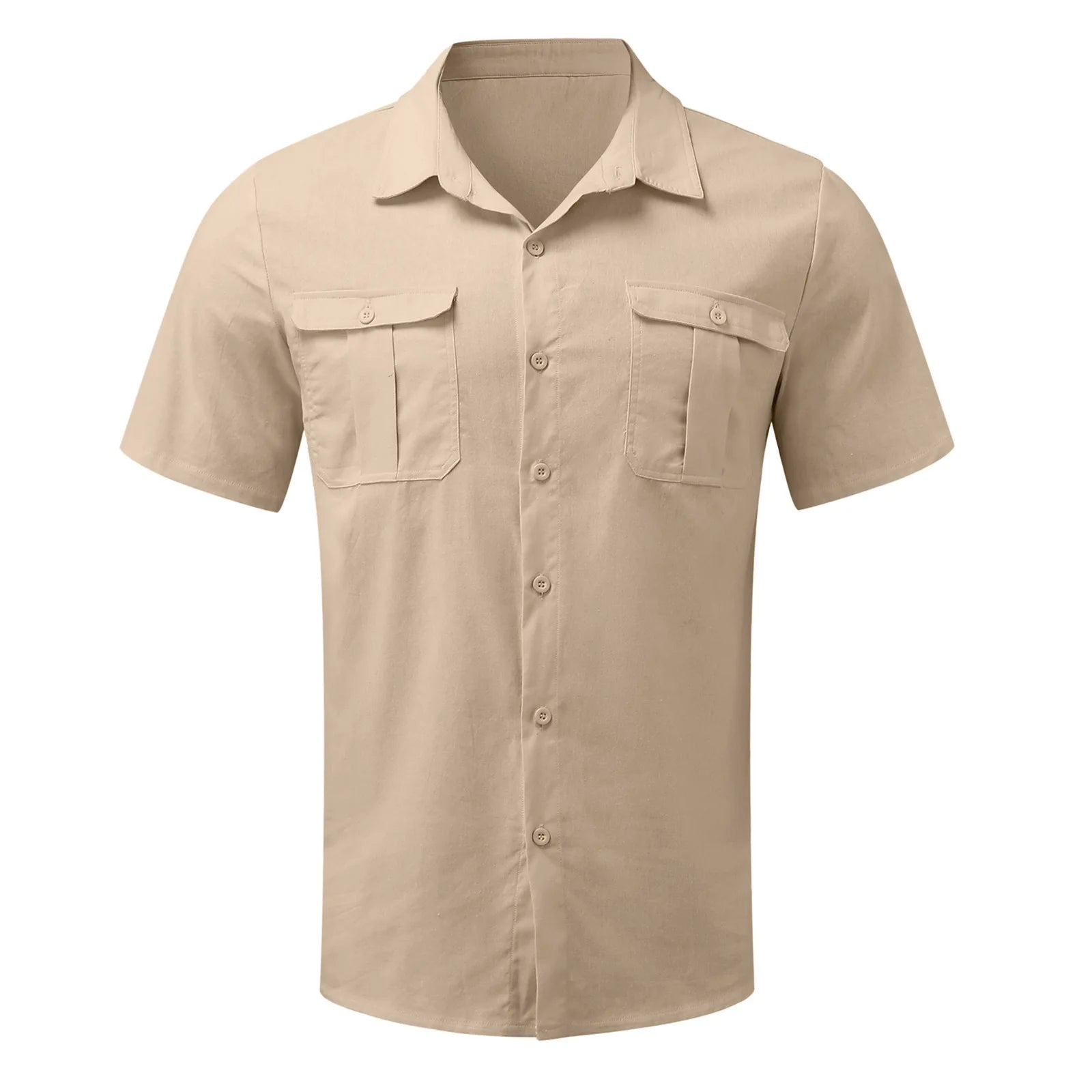 Cotton Linen Short-Sleeved Shirts 2 pockets