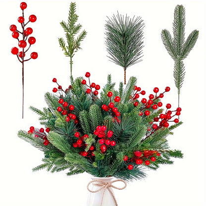 32 Stems Artificial Pine Needles and Red Berries Holiday Decor