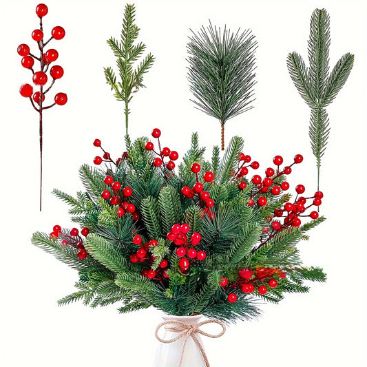 32 Stems Artificial Pine Needles and Red Berries Holiday Decor