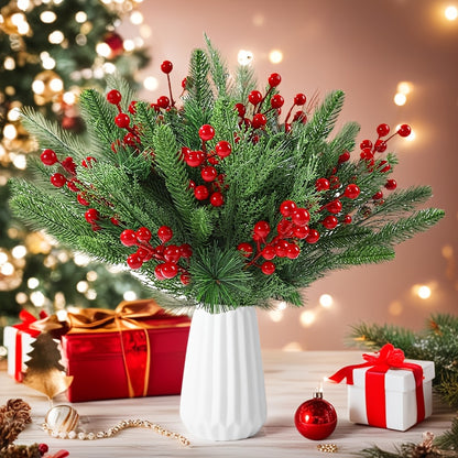 32 Stems Artificial Pine Needles and Red Berries Holiday Decor
