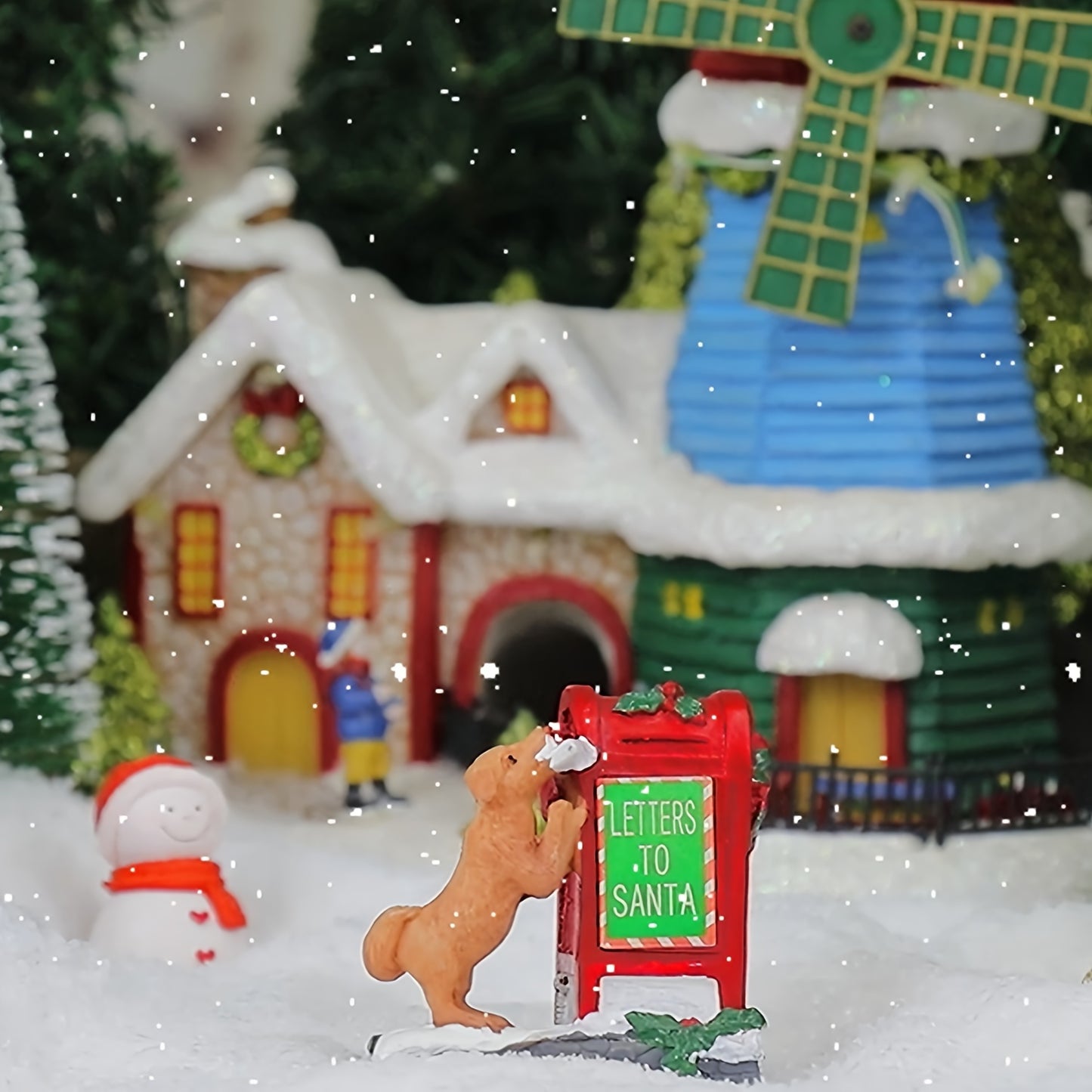 Resin Christmas Village Scene with Santa's Mailbox & Dog