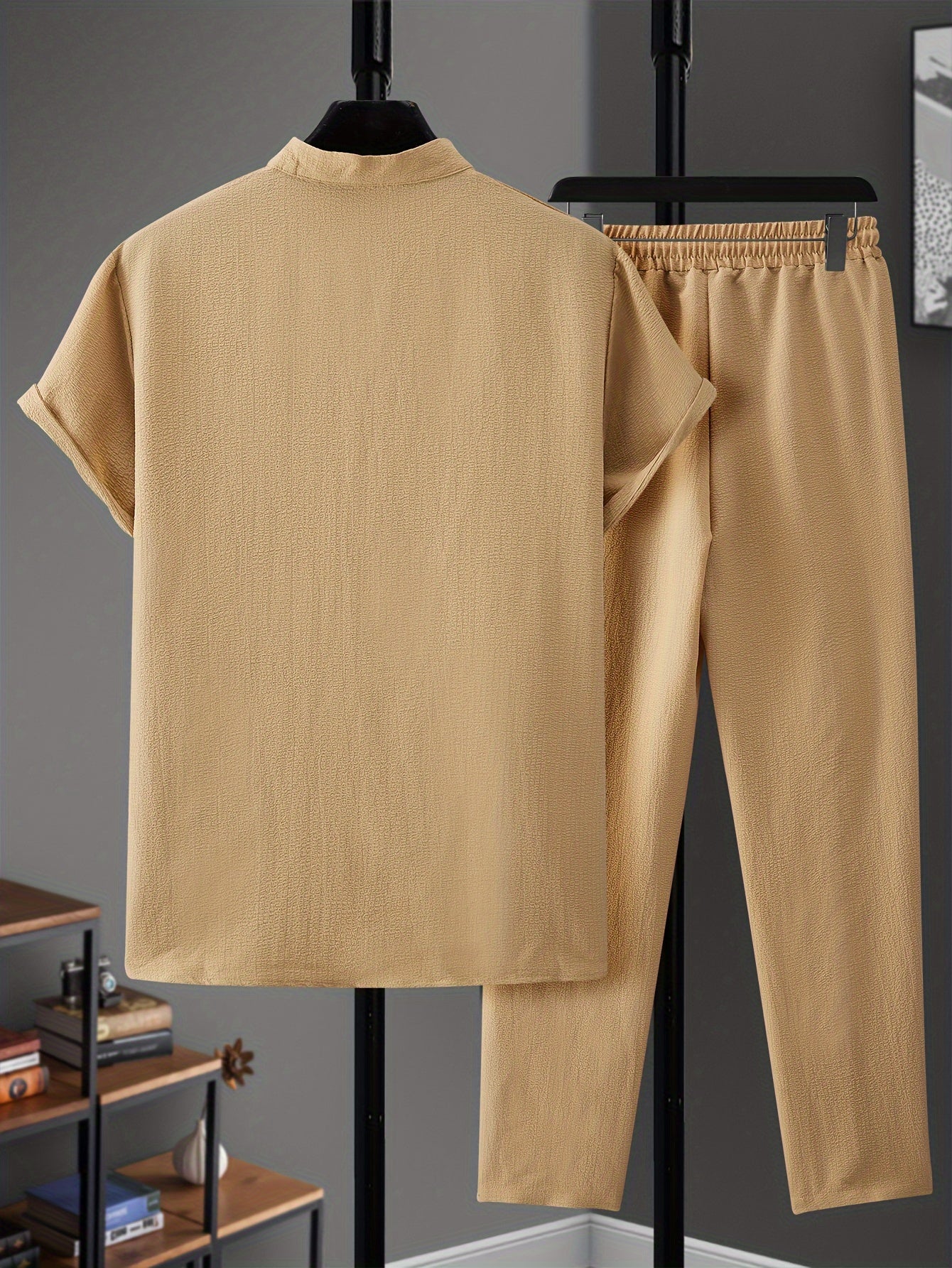 Men's Casual V-Neck Shirt and Pants with Pockets Set