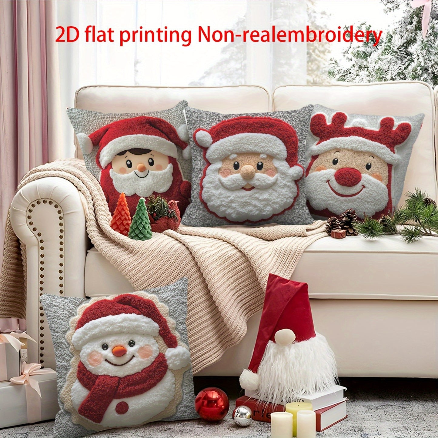 Soft 2D Printed Santa & Reindeer Throw Pillows Set 4pcs