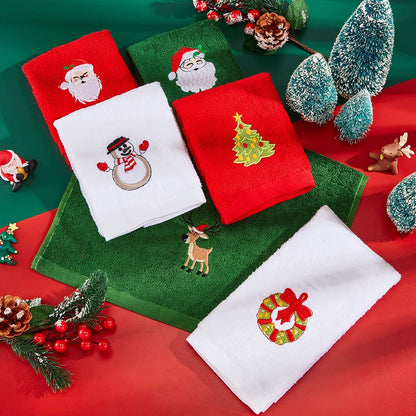 Set of 3 Hand Towels for Christmas Featuring Embroidered Designs of Santa Claus, Reindeer, Snowman and Christmas Tree