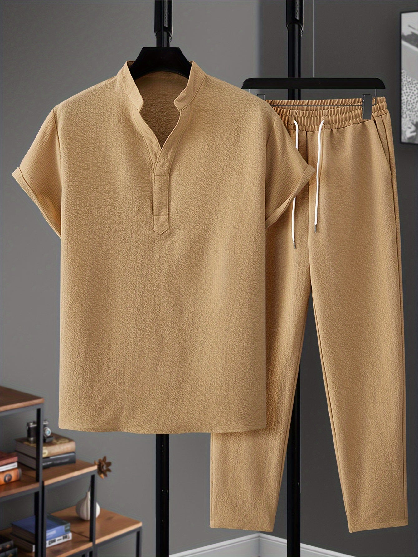 Men's Casual V-Neck Shirt and Pants with Pockets Set