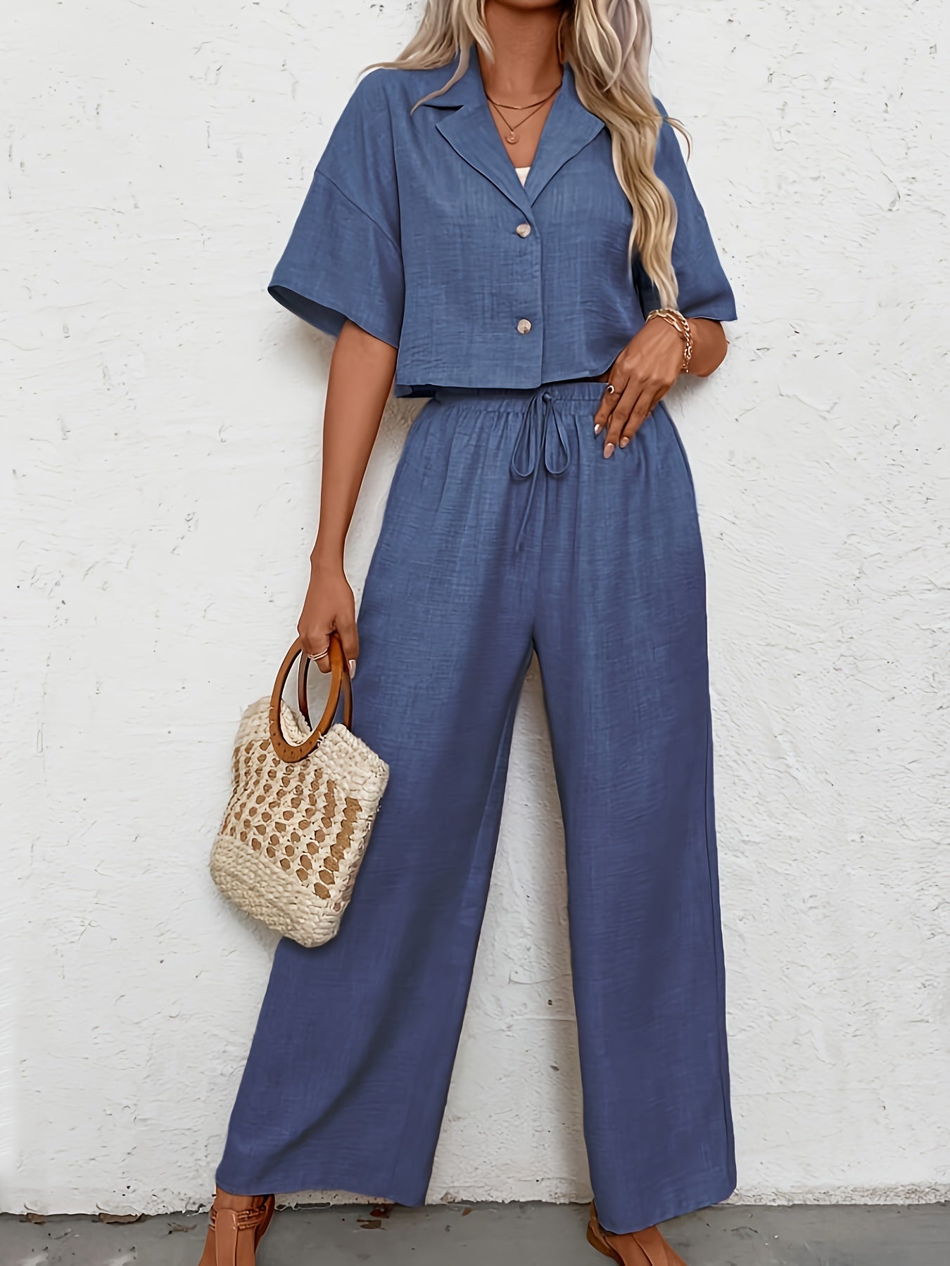 Casual Short Sleeve Button Front Shirt & Loose Drawstring Elastic Waist Pants