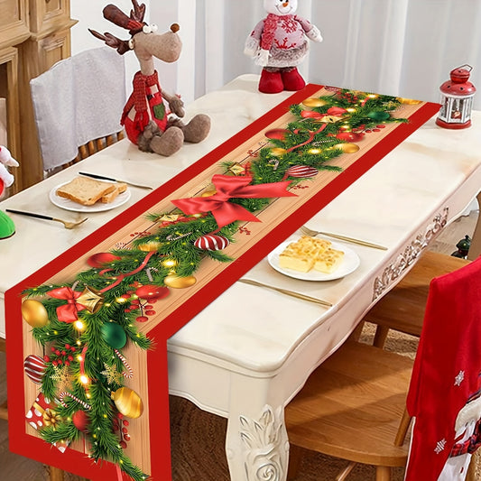 1pc Christmas Table Runner with Flower Vine & Bow Design