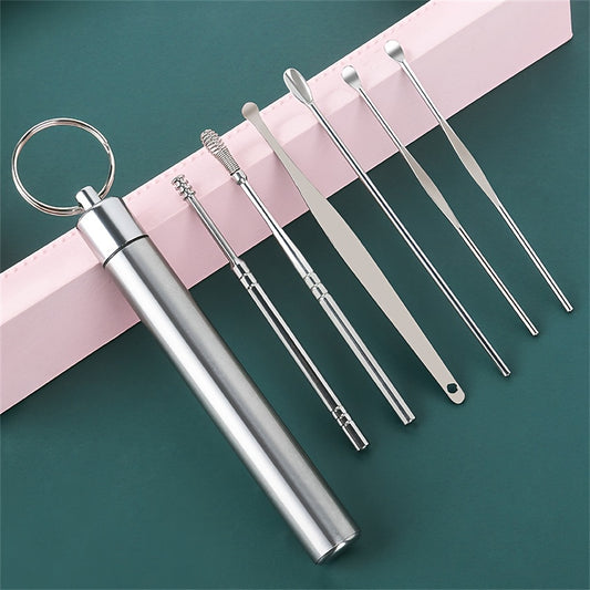 Set Of 6 Portable Stainless Steel Ear Digging Spoons For Cleaning Ears