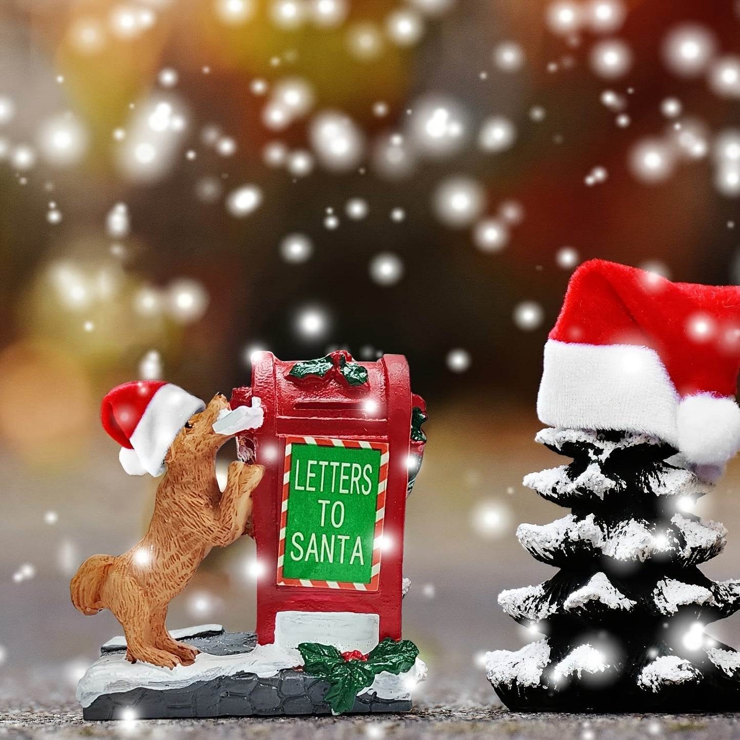 Resin Christmas Village Scene with Santa's Mailbox & Dog