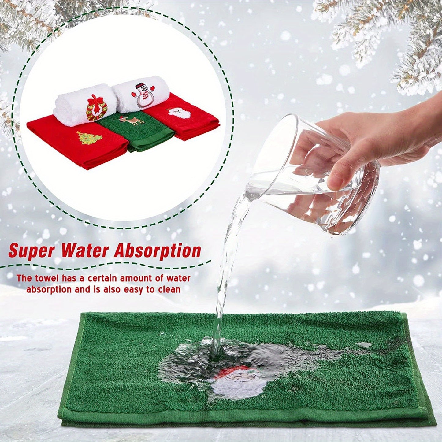 Set of 3 Hand Towels for Christmas Featuring Embroidered Designs of Santa Claus, Reindeer, Snowman and Christmas Tree