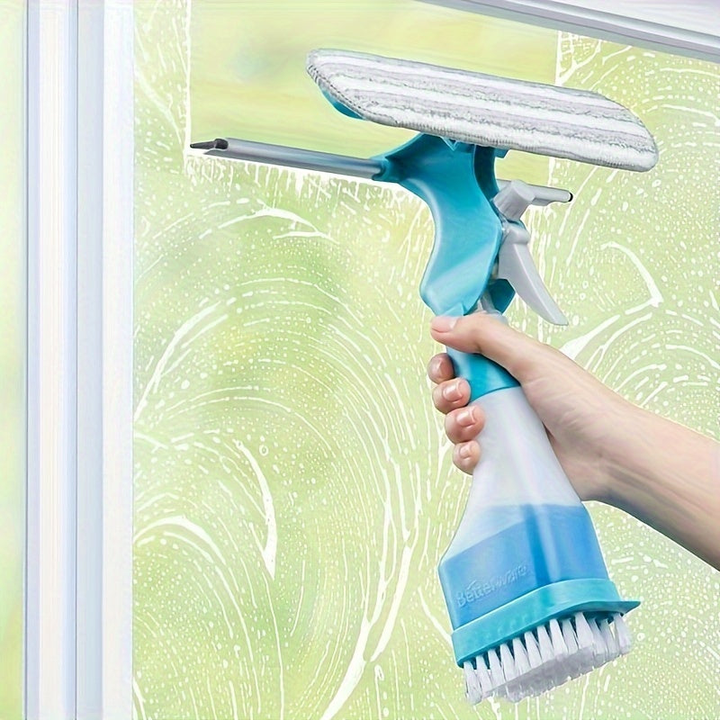Versatile 4-in-1 Glass Cleaner Brush with Spray, Scraper and Scrubbing