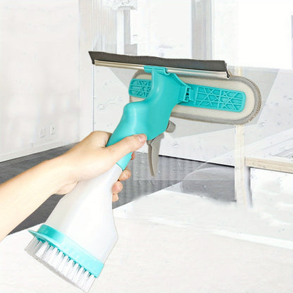 Versatile 4-in-1 Glass Cleaner Brush with Spray, Scraper and Scrubbing